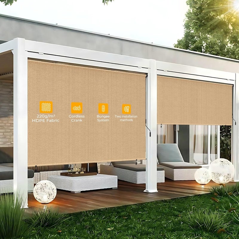 HOMEDEMO ستائر رول خارجية للشرفة، 6' x 6' (عرض x ارتفاع) ستارة كاكي قابلة للطي للخارج، قماش ستارة شمسية رول بلا حبال مقاومة للماء للشرفة، الجازبو، البرغولا، الشرفة الخلفية. - Image 2